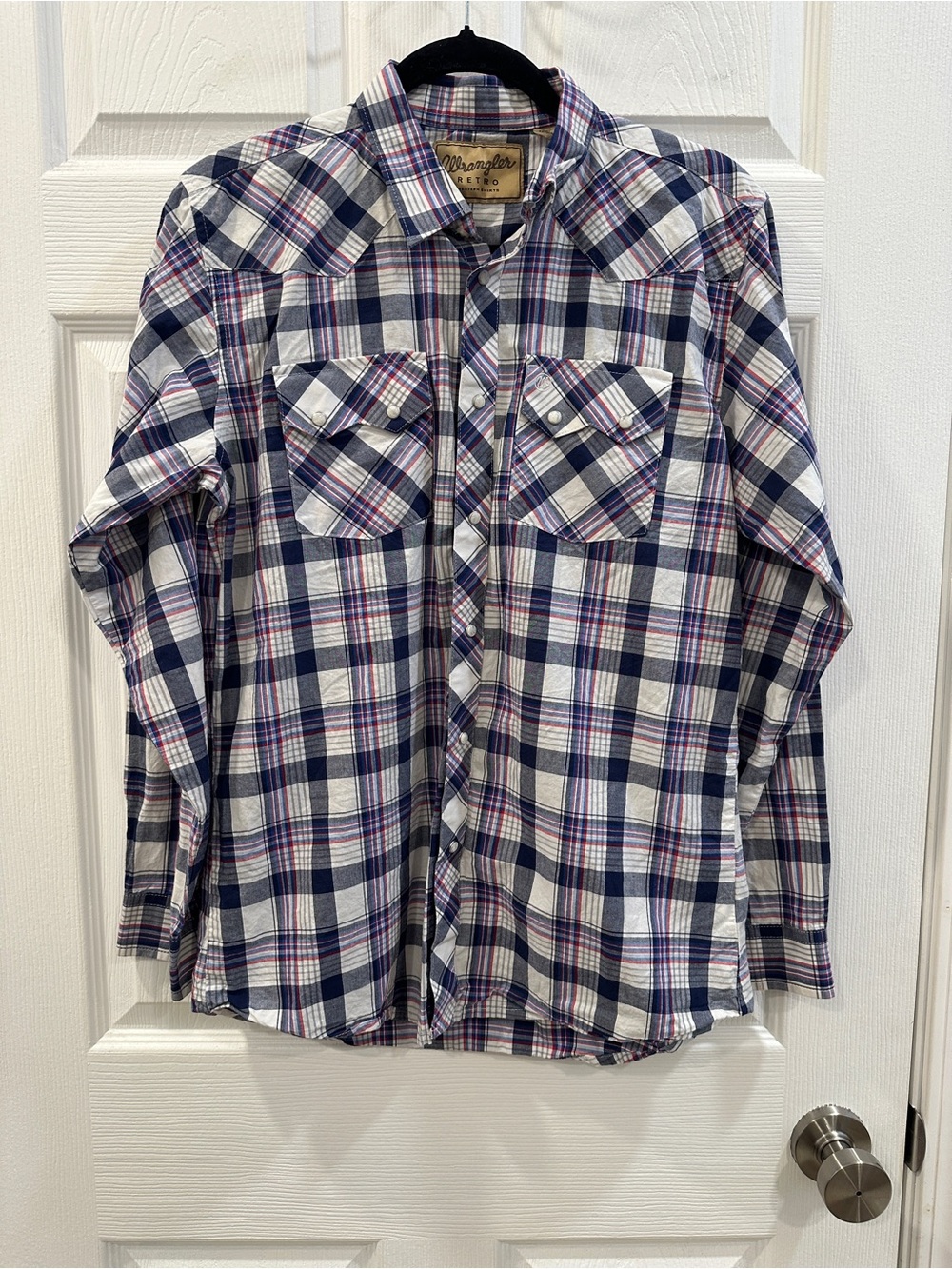 men’s Wrangler Retro red, white, and blue plaid western pearl snap shirt size 2X